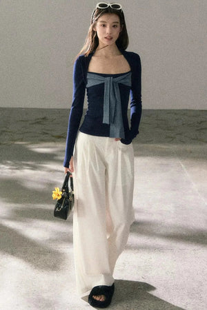 Color-Blocked Square Neck Knit Top Set-Up