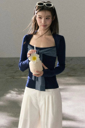Color-Blocked Square Neck Knit Top Set-Up