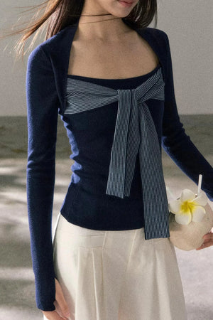 Color-Blocked Square Neck Knit Top Set-Up