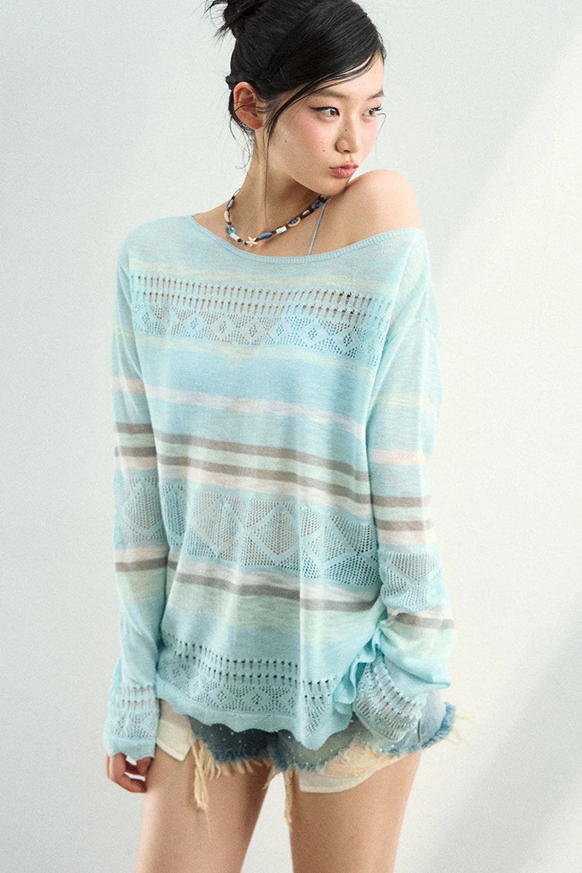 Color-Blocked Striped Knit Blouse