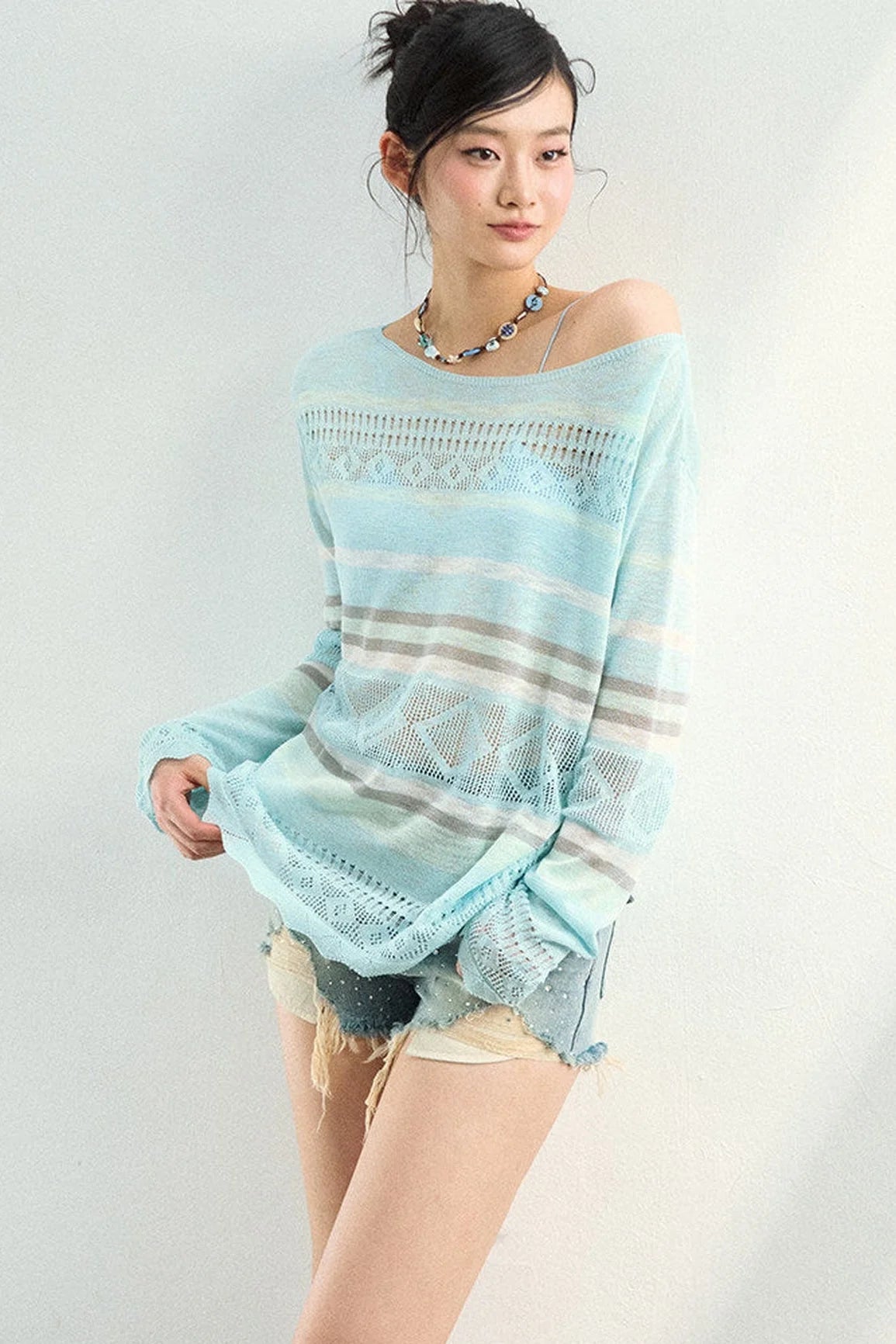 Color-Blocked Striped Knit Blouse