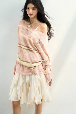 Color-Blocked Striped Knit Blouse