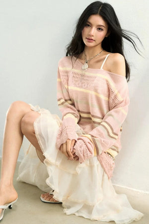 Color-Blocked Striped Knit Blouse