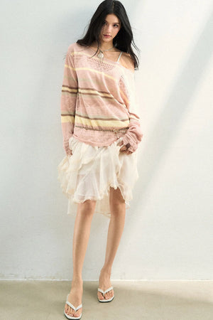 Color-Blocked Striped Knit Blouse