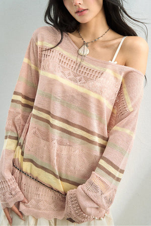 Color-Blocked Striped Knit Blouse