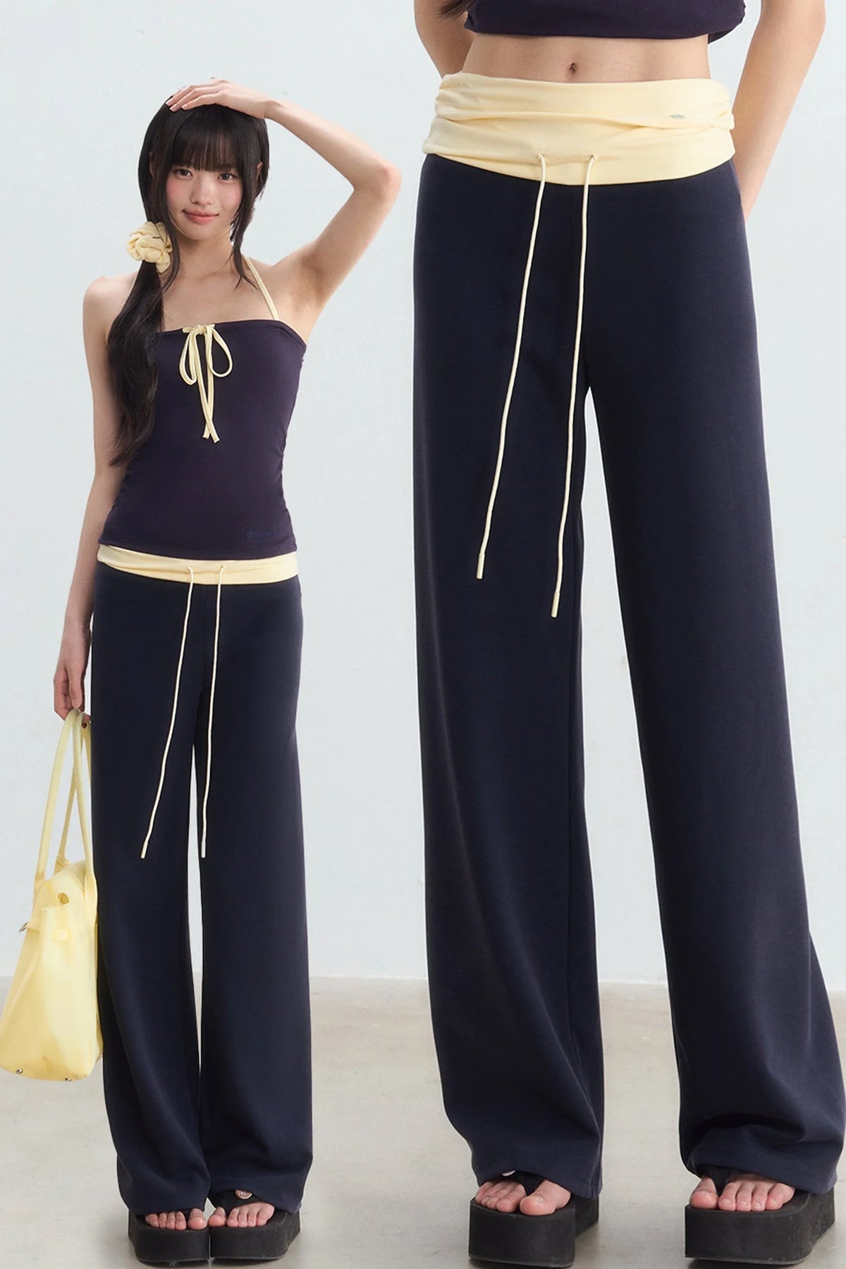 Color-Blocked Waistband Drawstring Pants