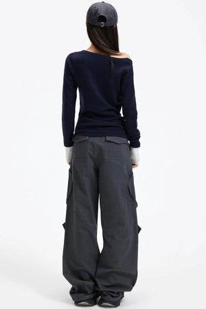 Color-Blocking Knit Off-Shoulder Sweater