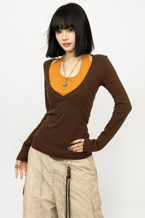 Color-Blocking Tie-Up Blouse