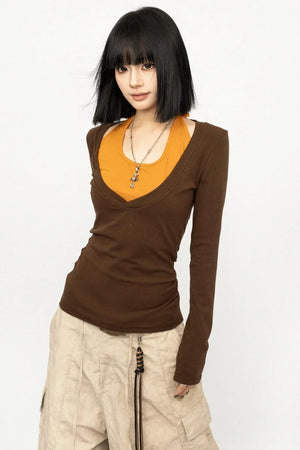 Color-Blocking Tie-Up Blouse