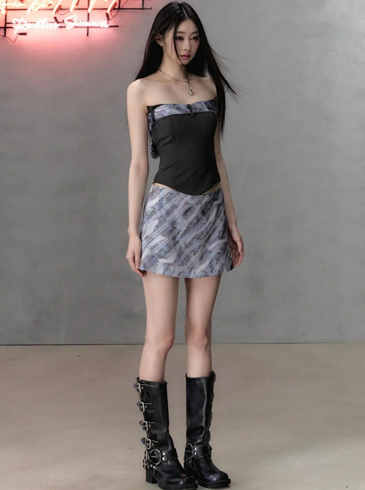 Colorful Plaid A-Line Skirt Set-Up