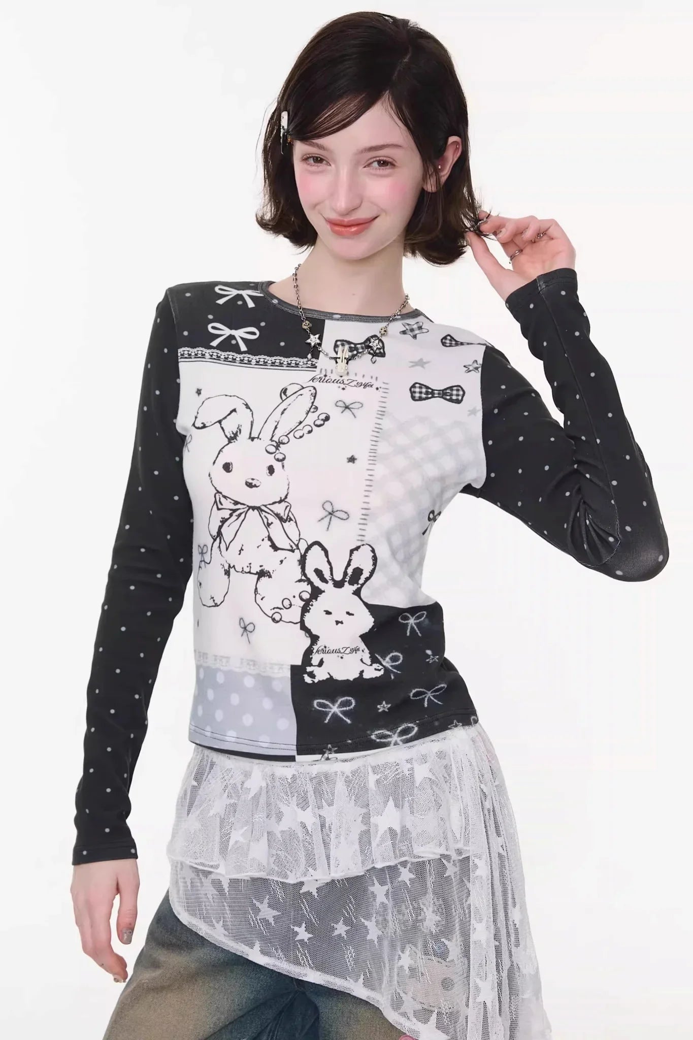 Contrast Bow Rabbit Top