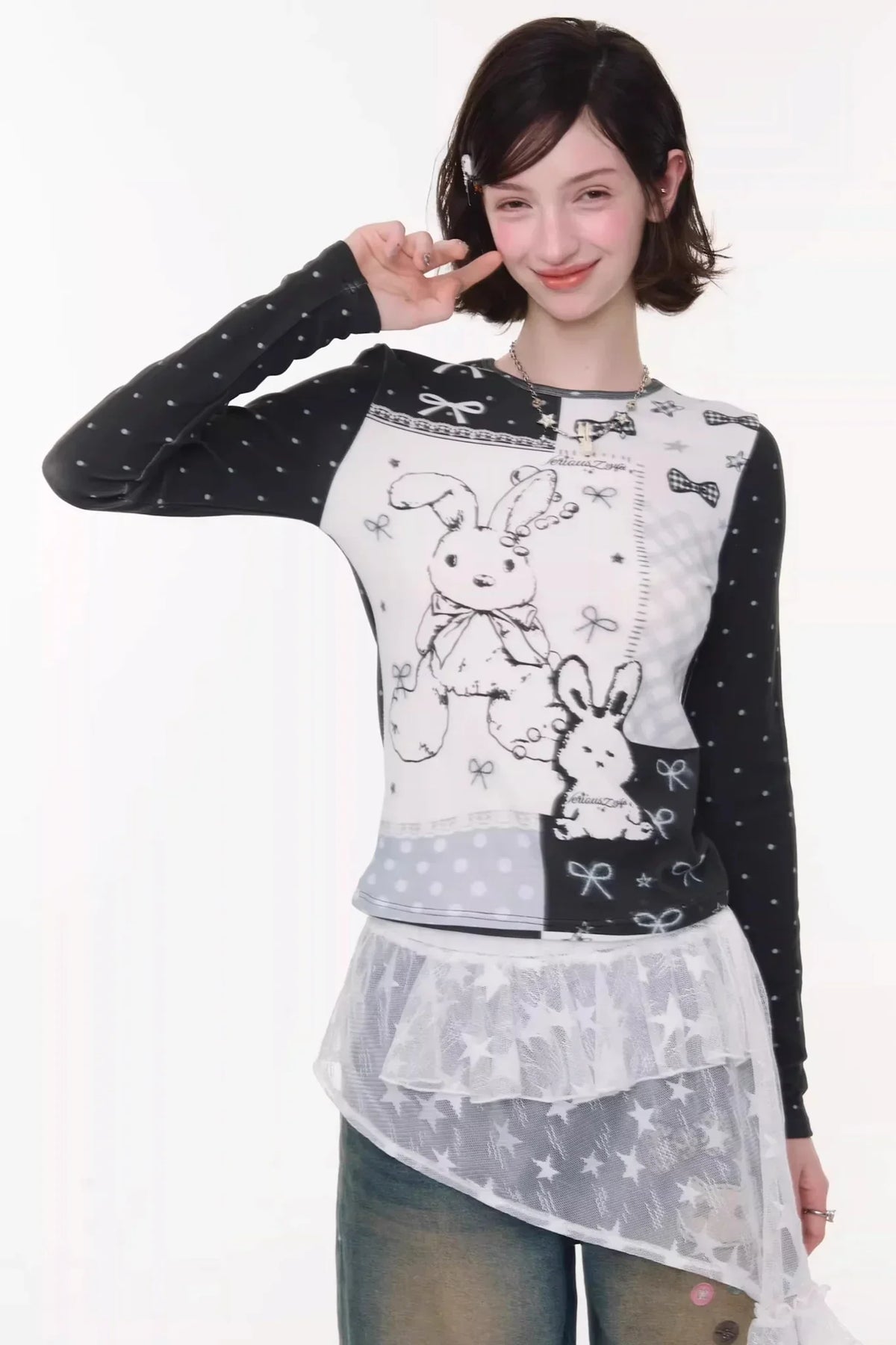 Contrast Bow Rabbit Top