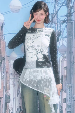 Contrast Bow Rabbit Top