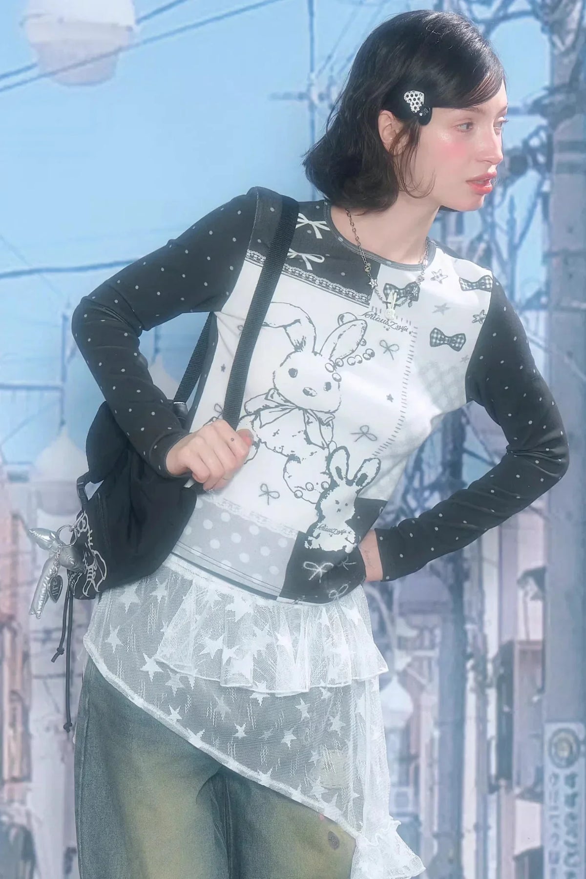 Contrast Bow Rabbit Top