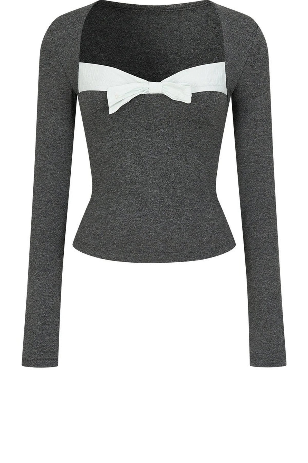 Contrast Bow Square Neck Long-Sleeve Top