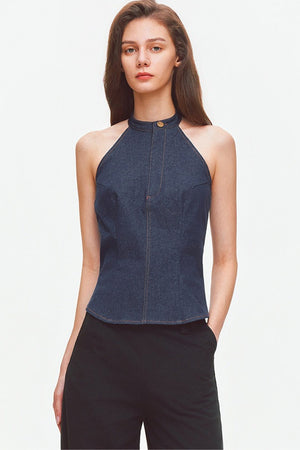 Contrast Stitch Denim Halter Backless Top
