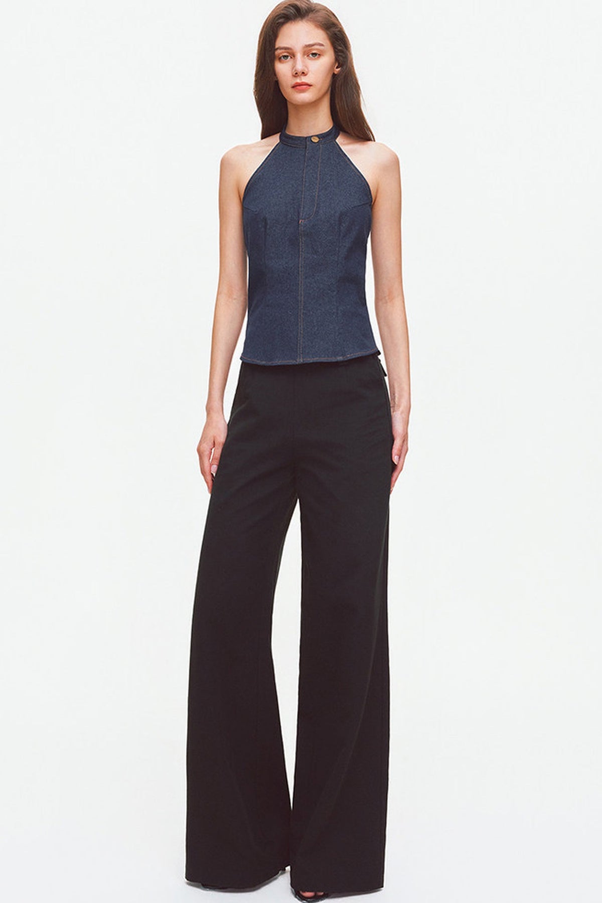 Contrast Stitch Denim Halter Backless Top