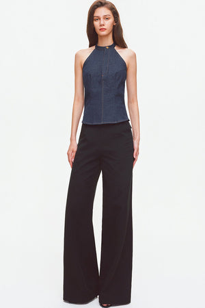 Contrast Stitch Denim Halter Backless Top
