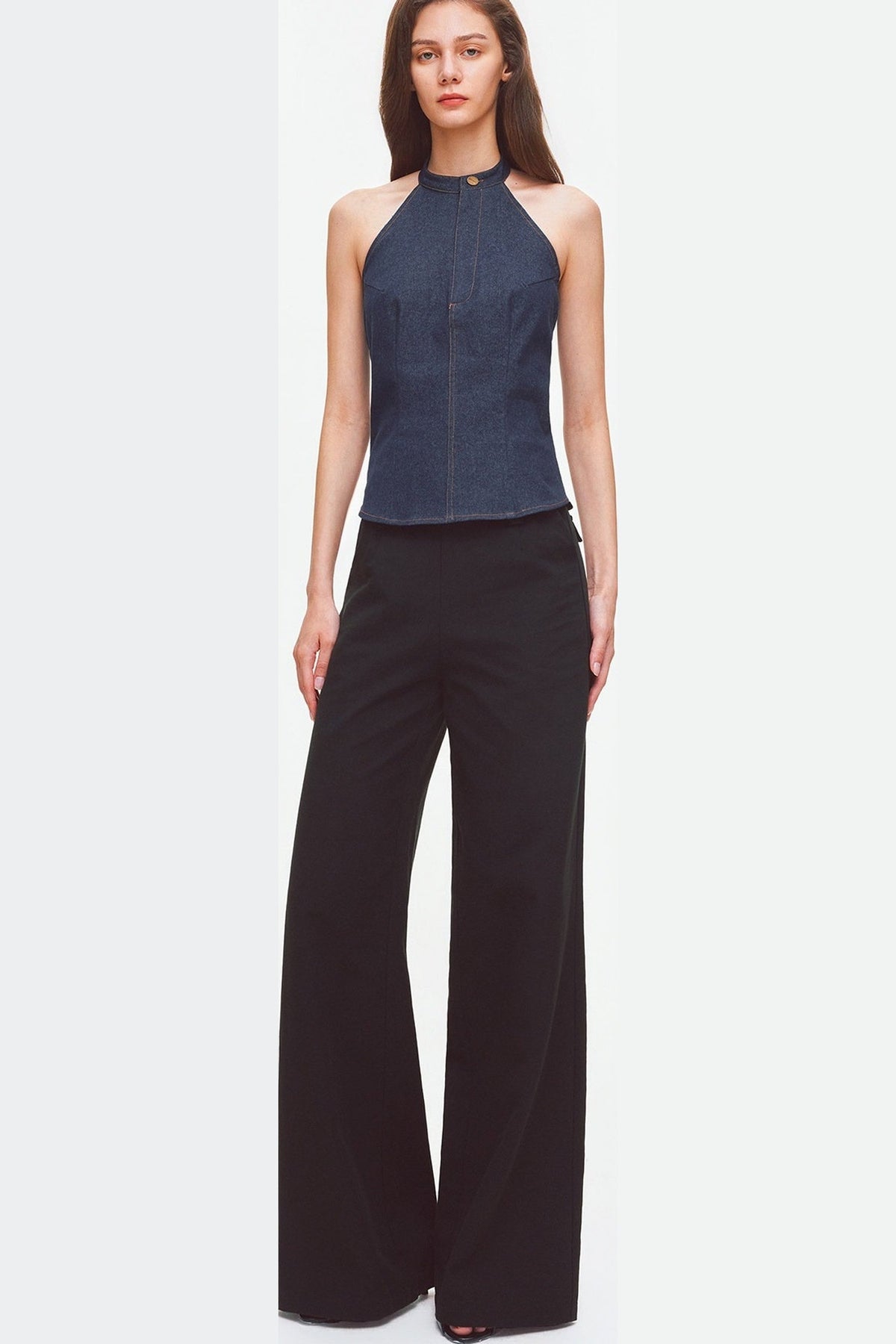 Contrast Stitch Denim Halter Backless Top