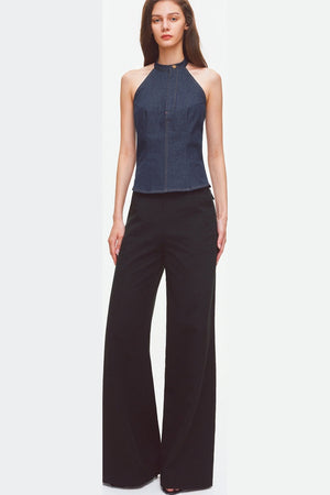 Contrast Stitch Denim Halter Backless Top