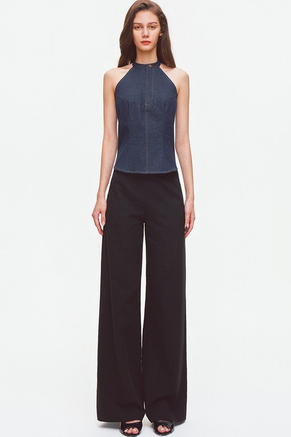 Contrast Stitch Denim Halter Backless Top
