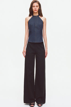 Contrast Stitch Denim Halter Backless Top