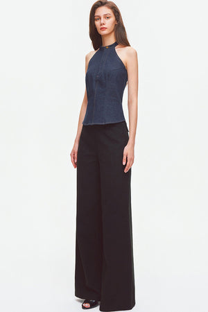 Contrast Stitch Denim Halter Backless Top