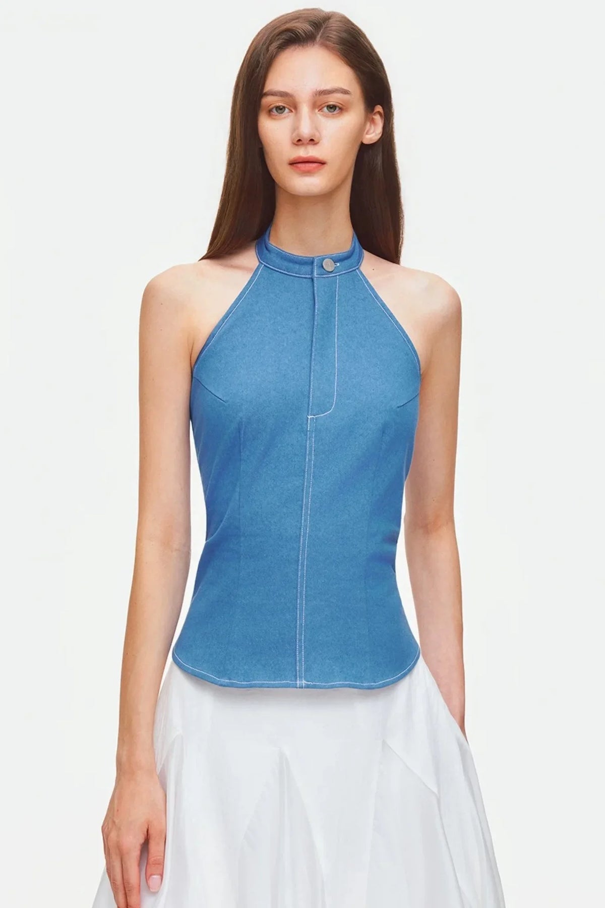 Contrast Stitch Denim Halter Backless Top
