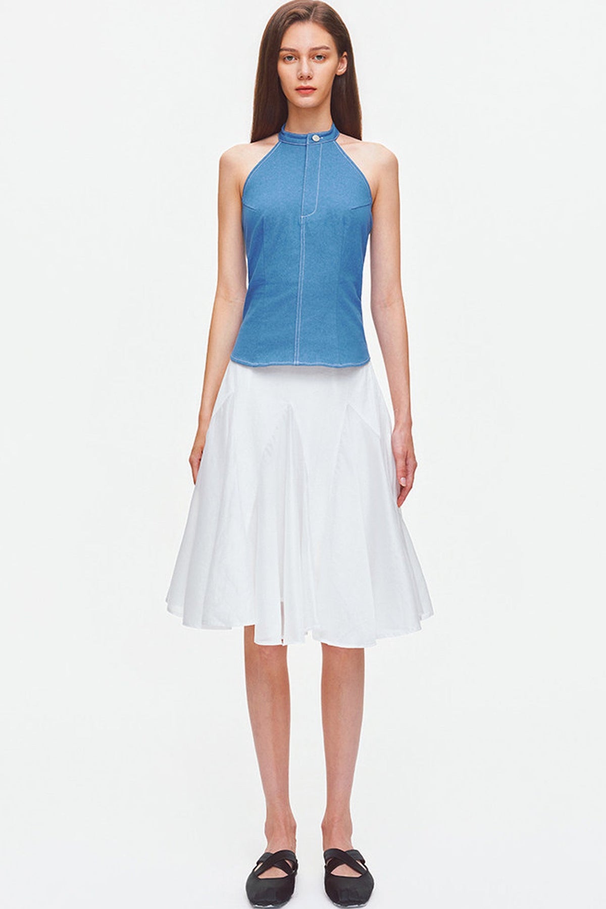 Contrast Stitch Denim Halter Backless Top