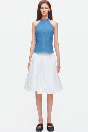 Contrast Stitch Denim Halter Backless Top