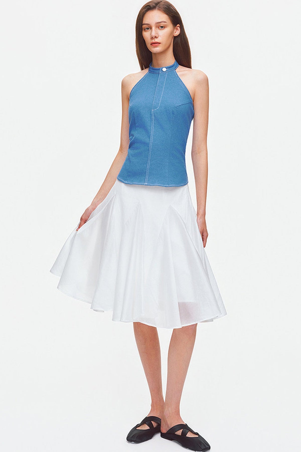 Contrast Stitch Denim Halter Backless Top