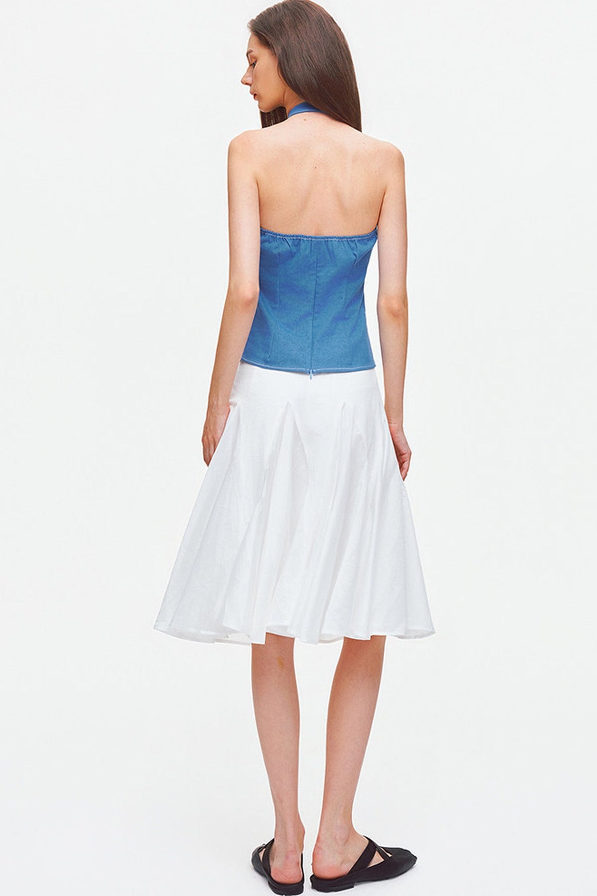 Contrast Stitch Denim Halter Backless Top