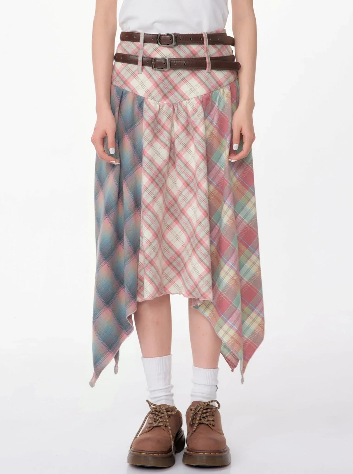Contrast Stitching Pink Plaid Skirt