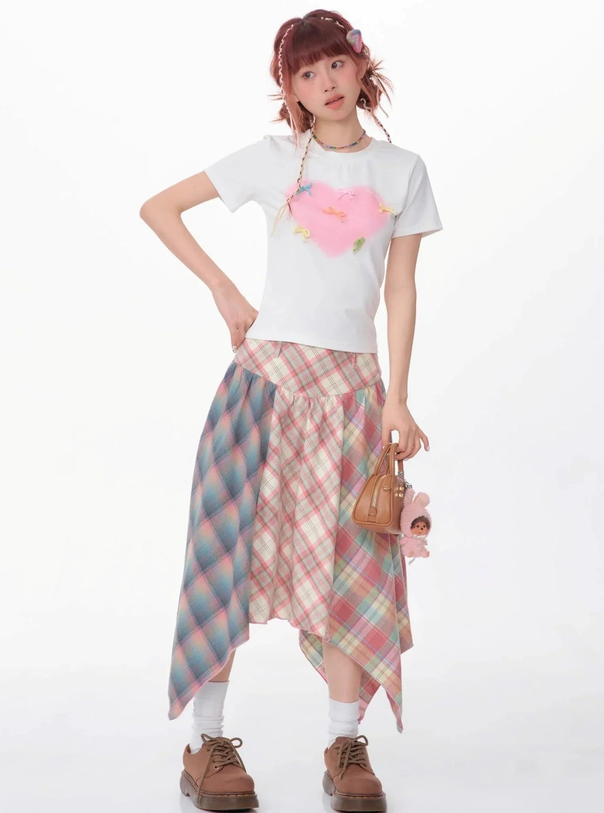 Contrast Stitching Pink Plaid Skirt