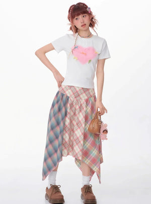 Contrast Stitching Pink Plaid Skirt