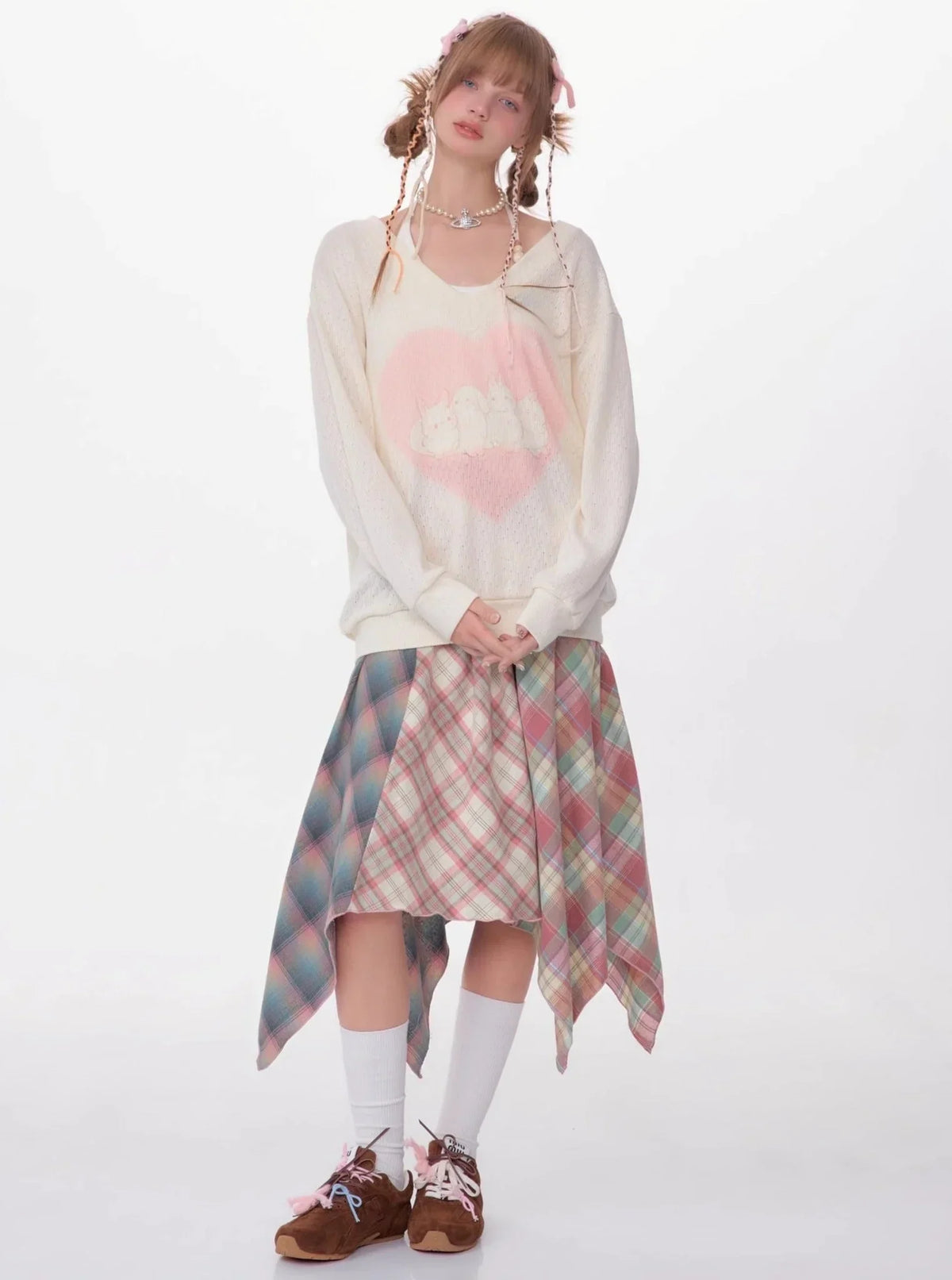 Contrast Stitching Pink Plaid Skirt