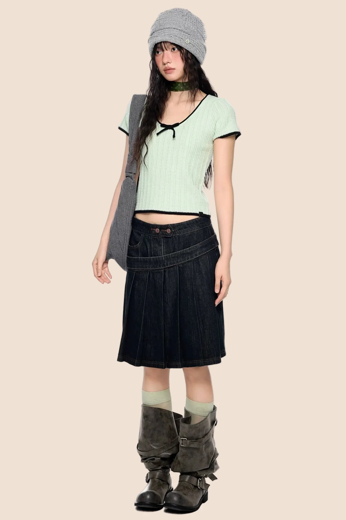 Contrast Striped Bow Knit Top