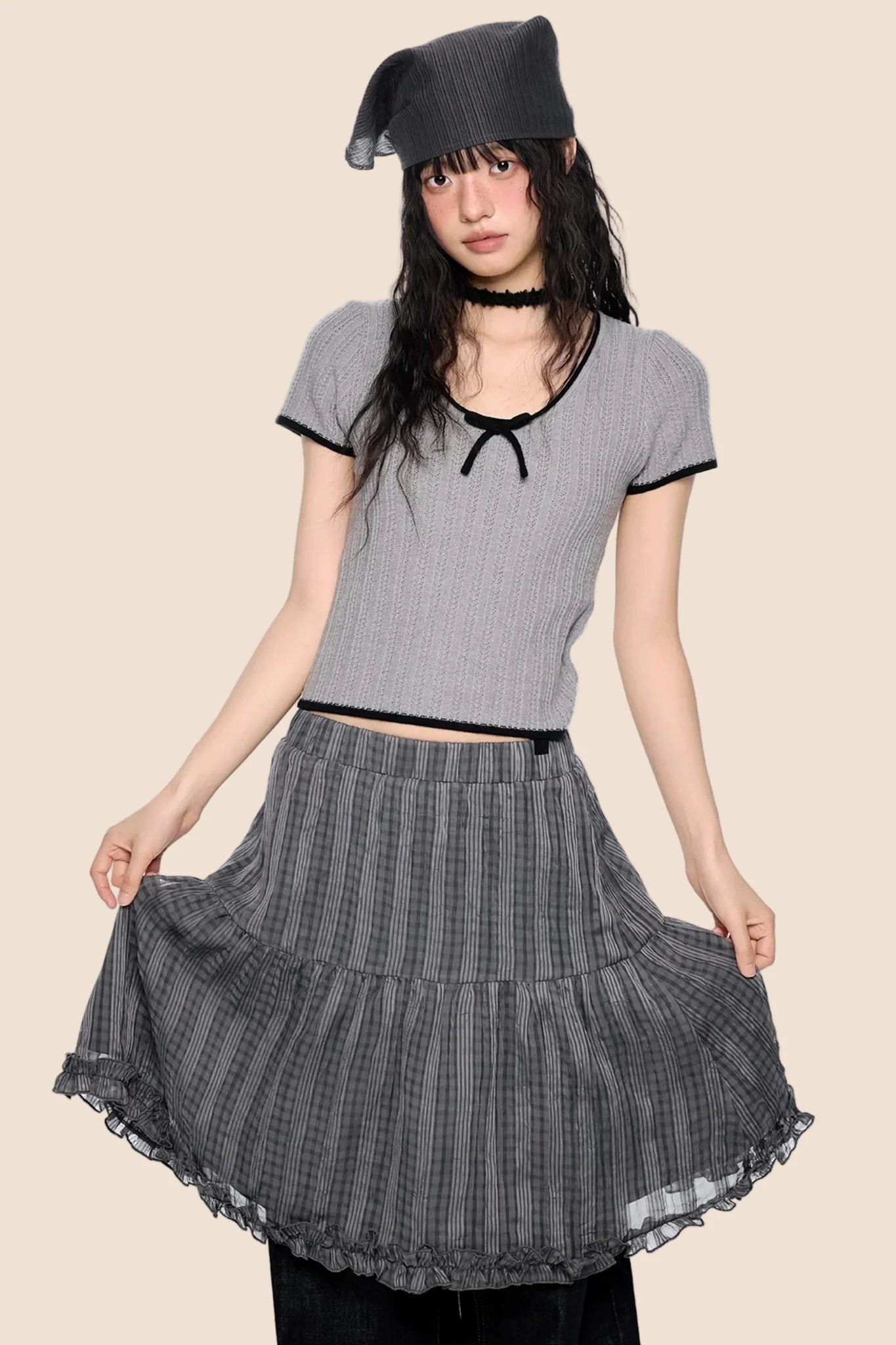 Contrast Striped Bow Knit Top