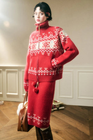 Contrast Wool Sweater Skirt Set-Up