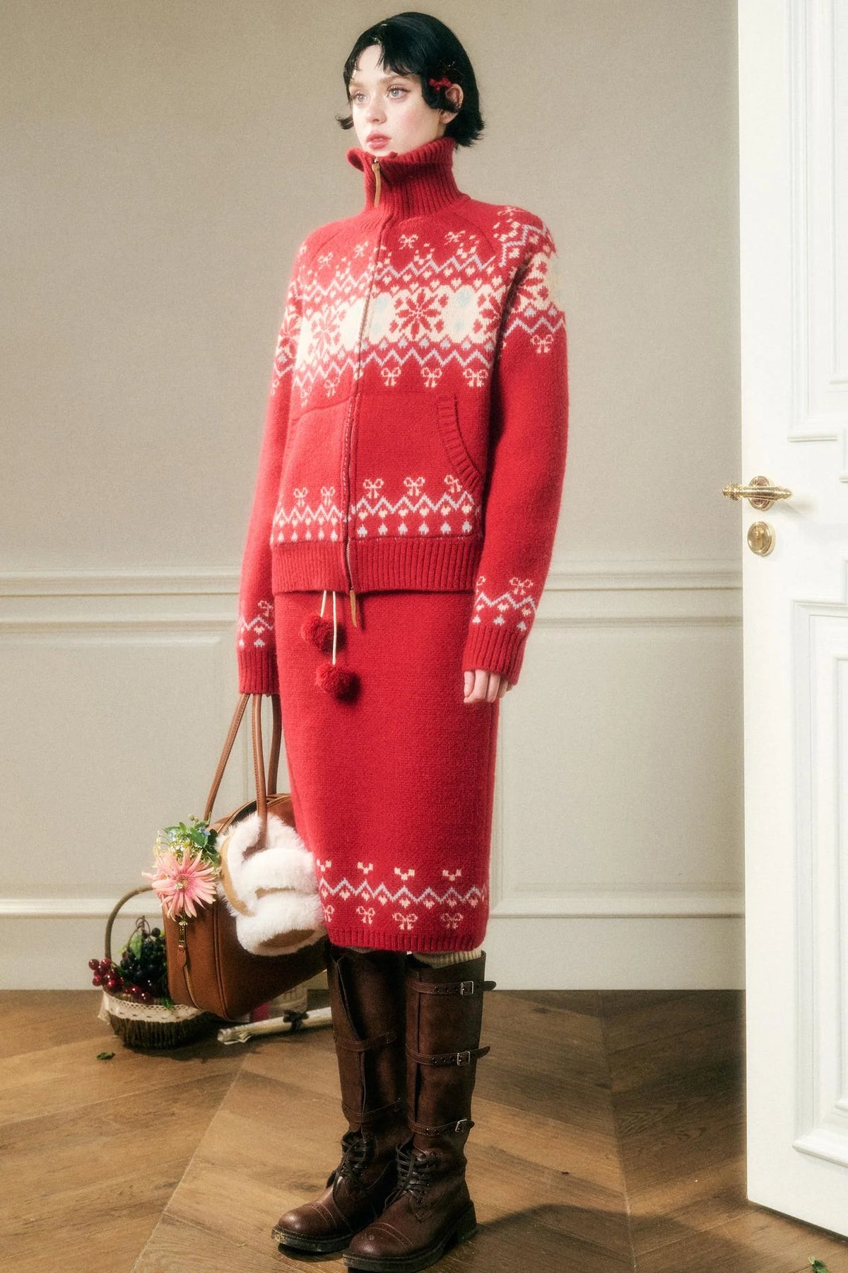 Contrast Wool Sweater Skirt Set-Up