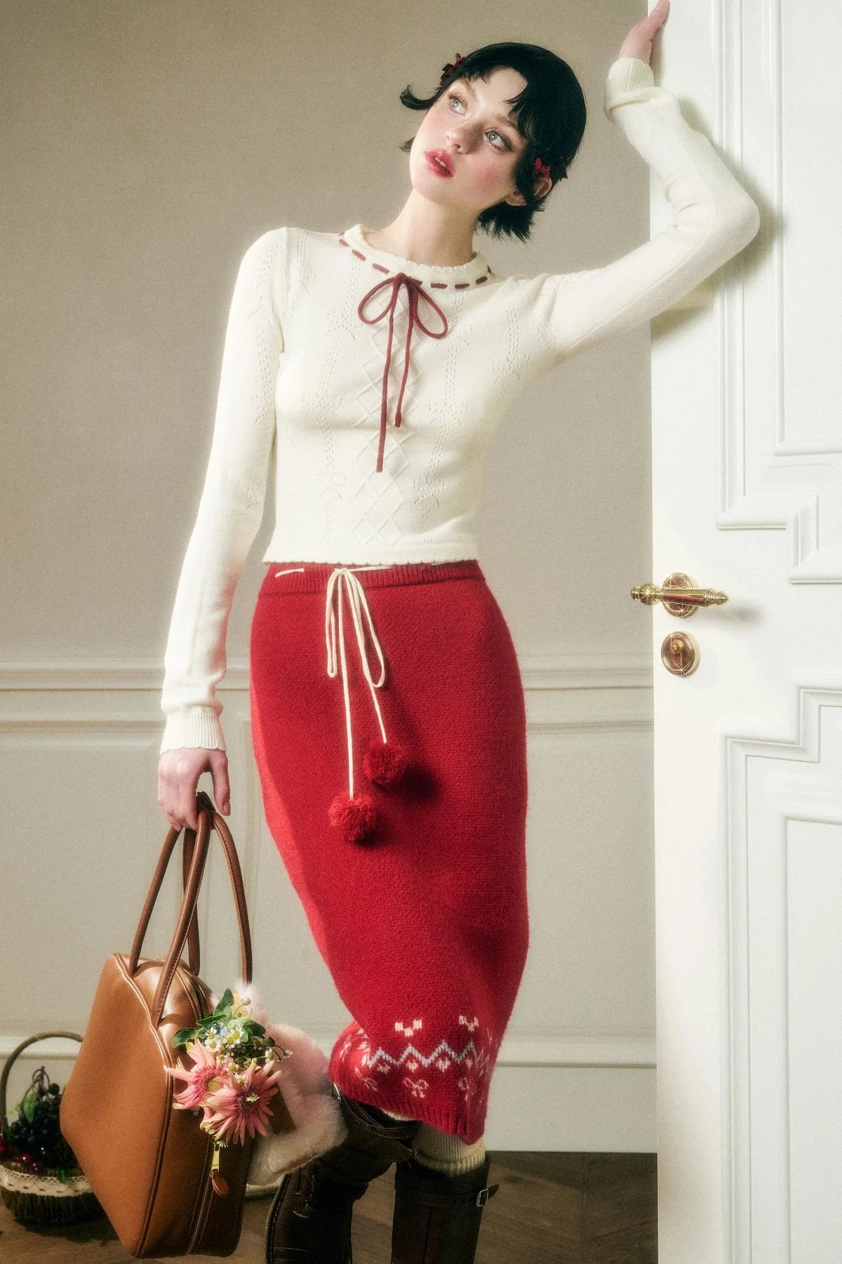 Contrast Wool Sweater Skirt Set-Up