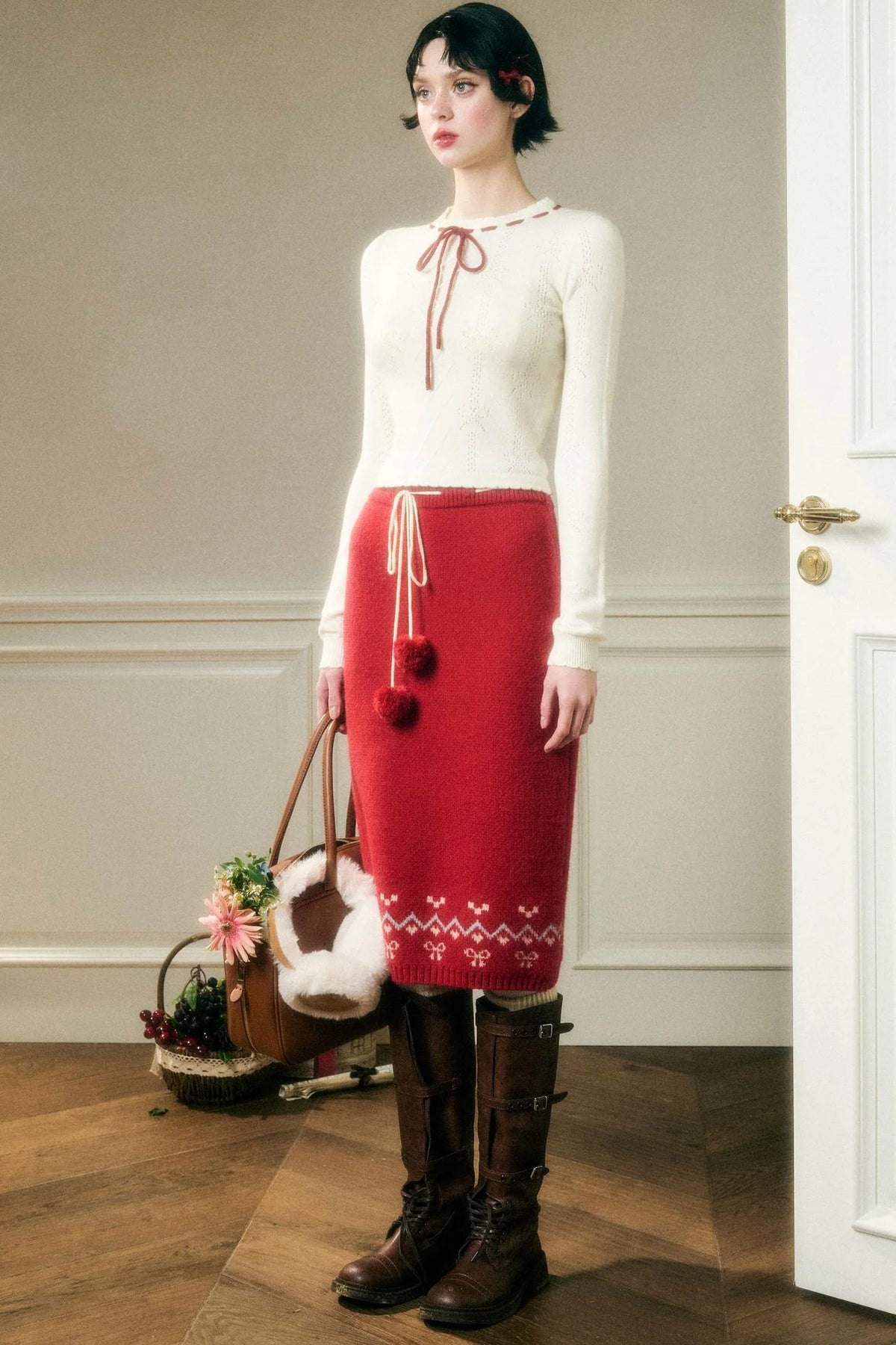 Contrast Wool Sweater Skirt Set-Up