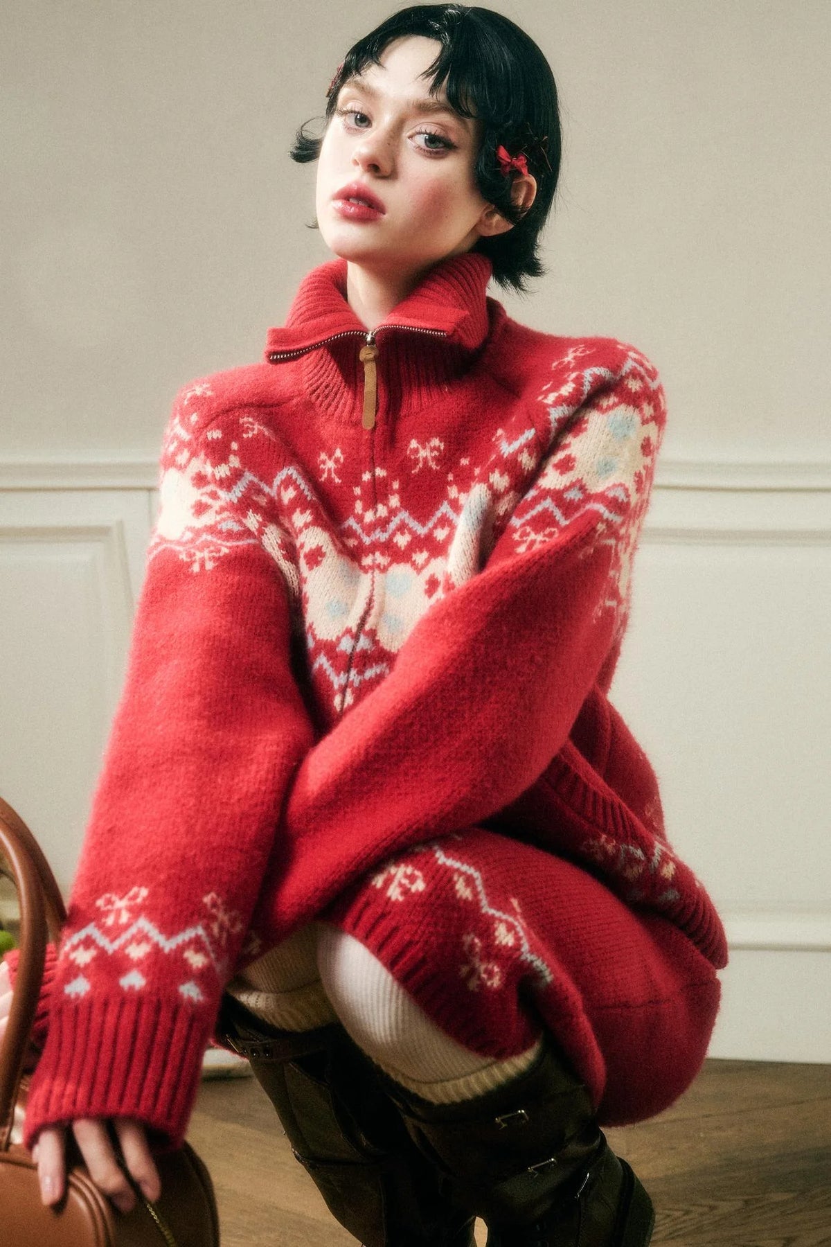 Contrast Wool Sweater Skirt Set-Up