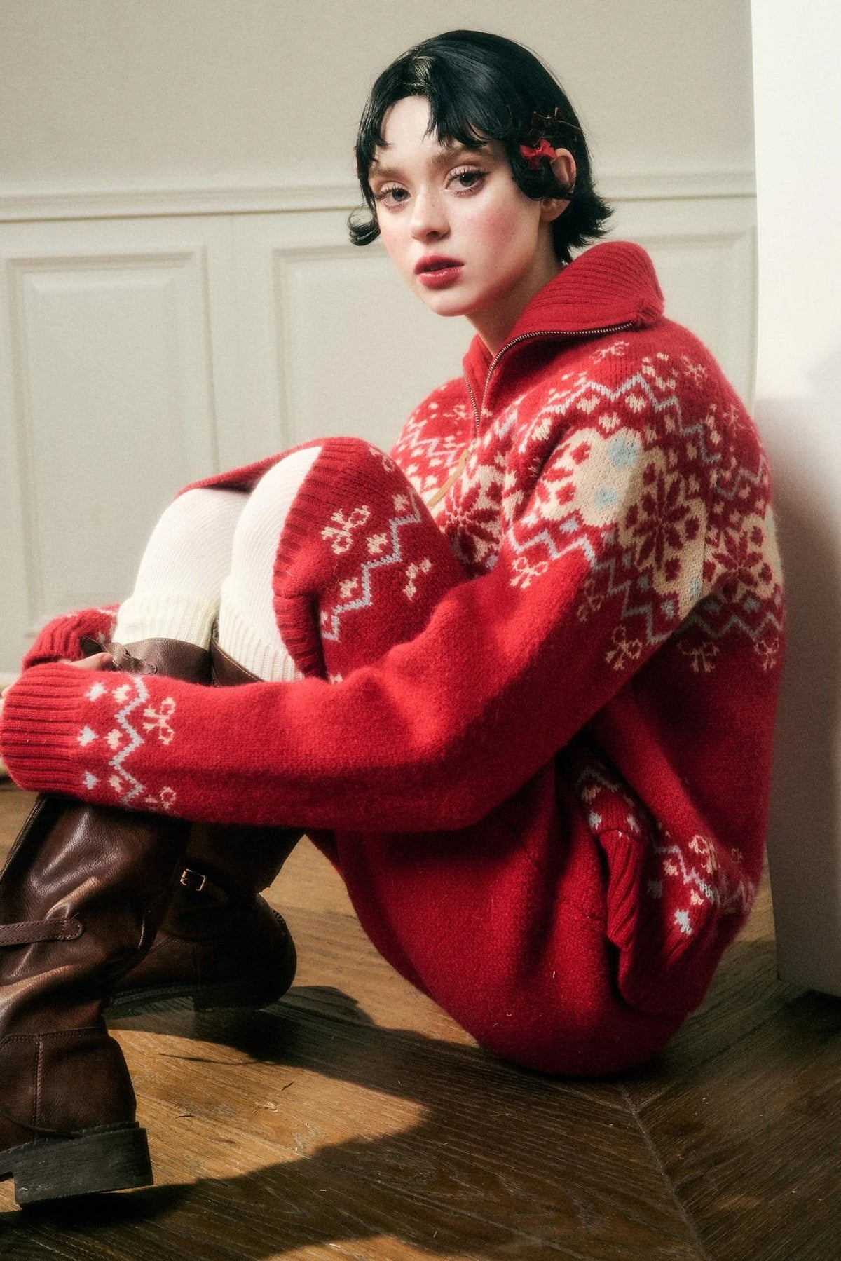 Contrast Wool Sweater Skirt Set-Up