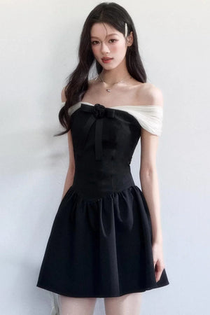 Contrasting Color Off-Shoulder Dress