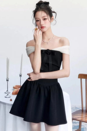 Contrasting Color Off-Shoulder Dress
