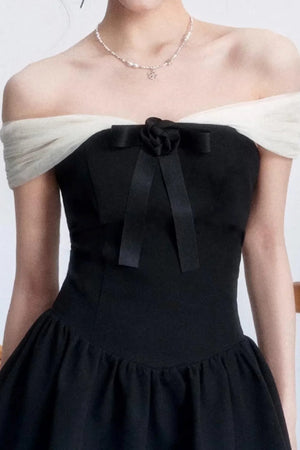 Contrasting Color Off-Shoulder Dress