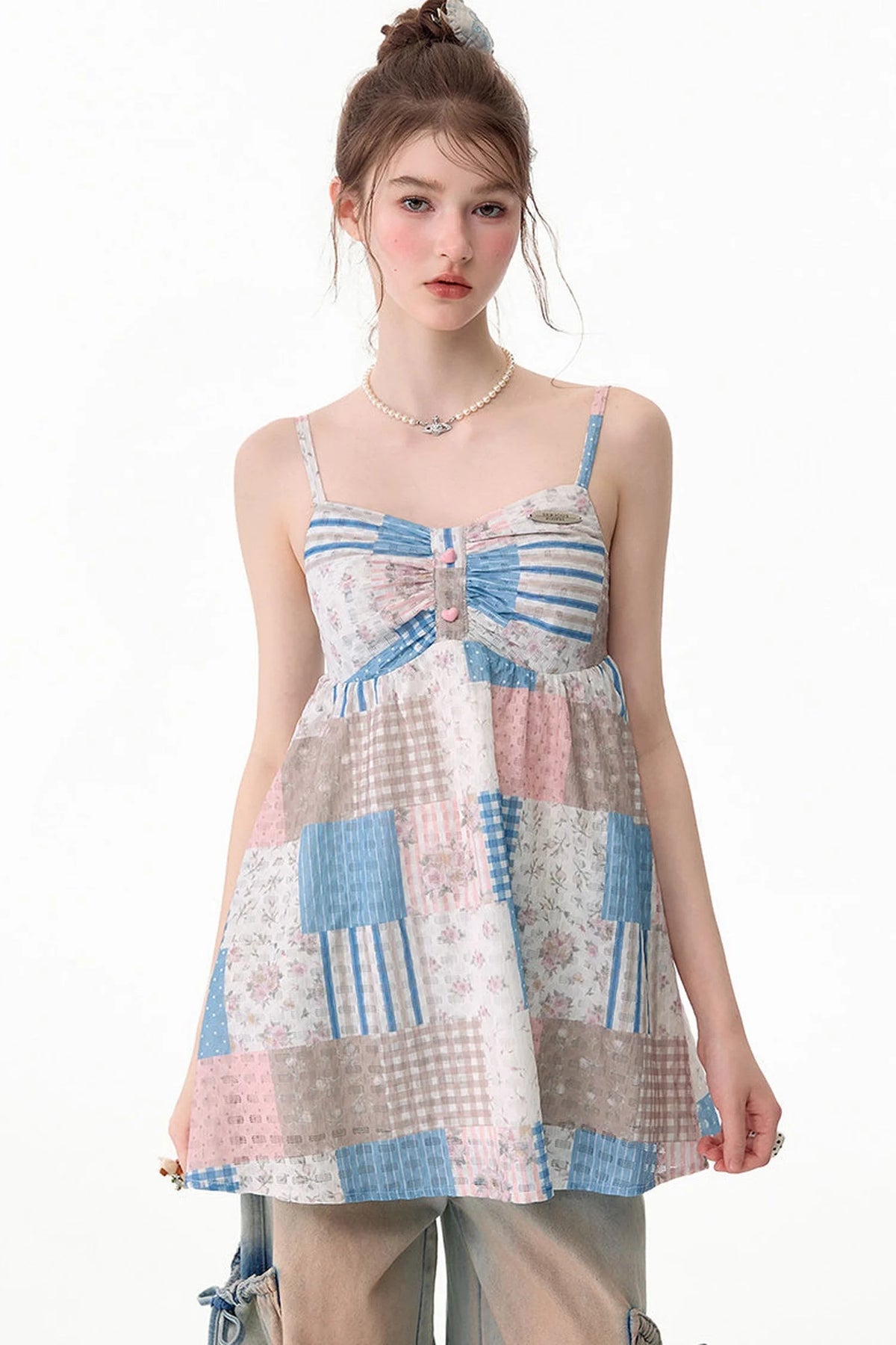 Contrasting Floral Plaid Tank Top