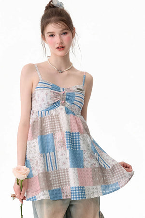 Contrasting Floral Plaid Tank Top