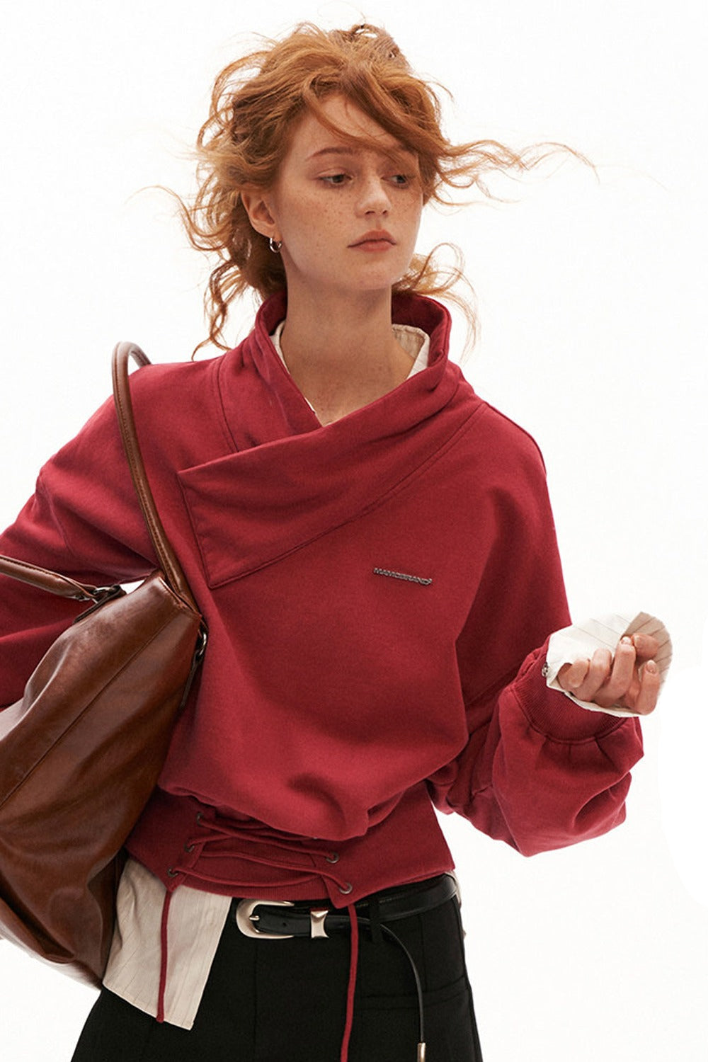 Cotton Cross-Neck Tie-Waist Pullover Sweatshirt